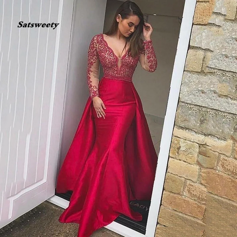 Red Mermaid Prom Dresses V Neck Long 