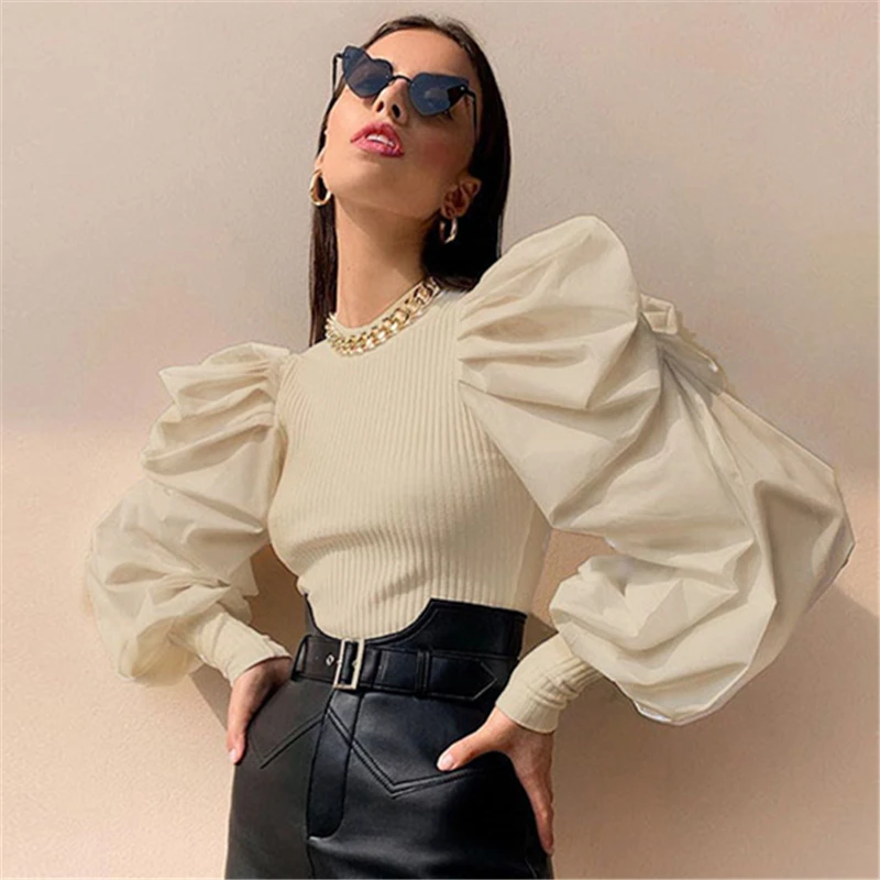 Rockmore Pleated Puff Long Sleeve Tops Womens T Shirt Harajuku Turtleneck Streetwear Basic Tshirt Women Tight Chic Tee Shirts