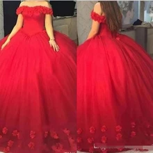 Красное Пышное Бальное Платье с объемным цветочным рисунком, пышное платье, 16 милых платьев с открытыми плечами и шнуровкой на спине, праздничное платье для девочек, платье для выпускного вечера