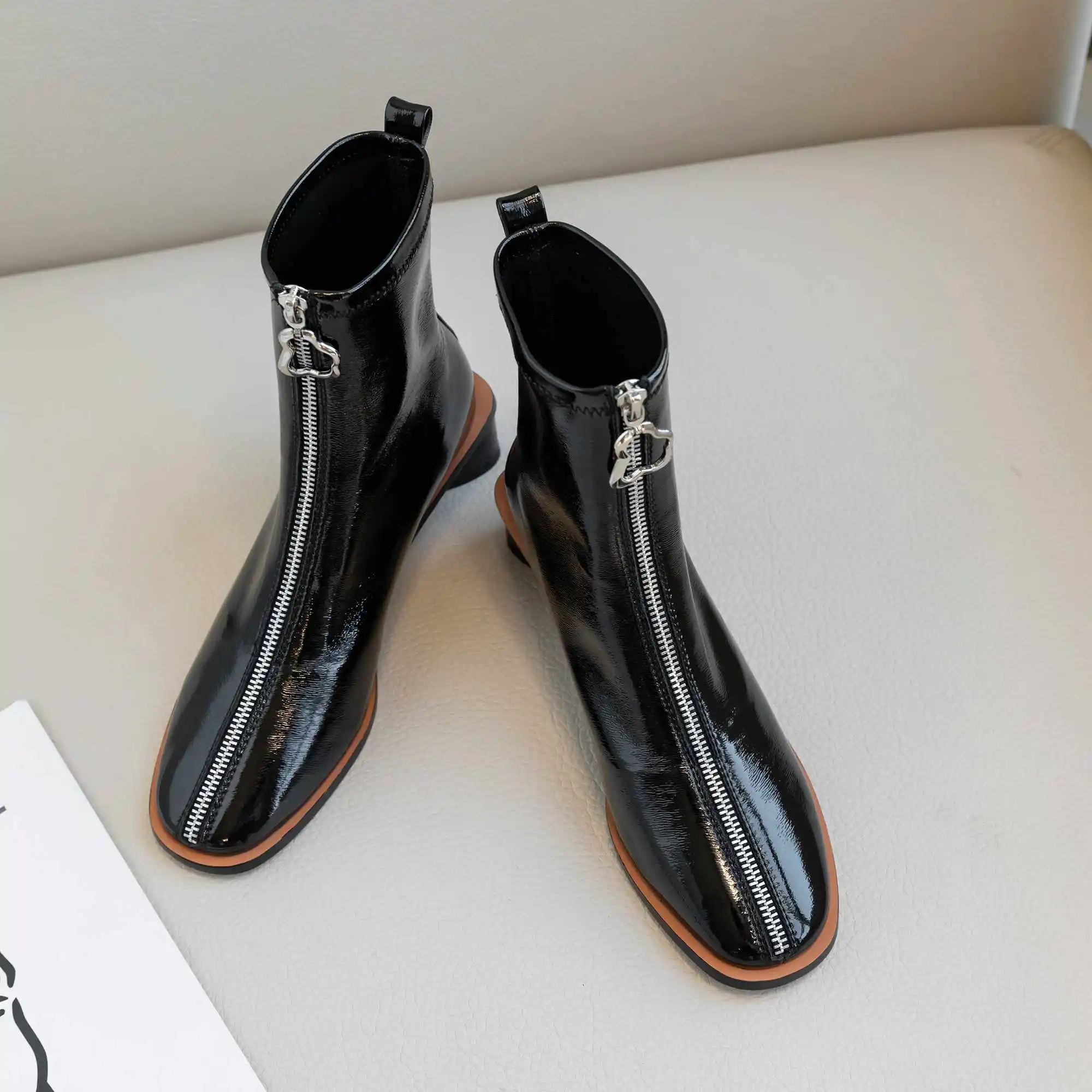 Krazing Pot design Zipper shiny patent leather stretch boots round toe med heels women winter warm daily wear ankle boots L56