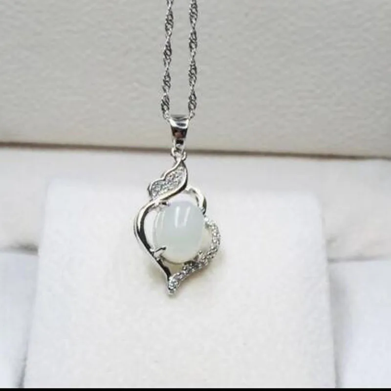925 Silver Natural White jade pendants simple fine jewelry Zircon for women party Necklace