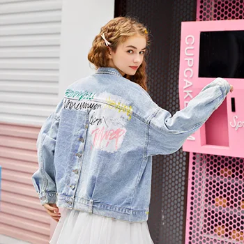 

New Autumn Denim Jacket Harajuku Printed Frayed Loose Casual Jeans Jacket Women Coat Outwear Female Jacket cropped jacket