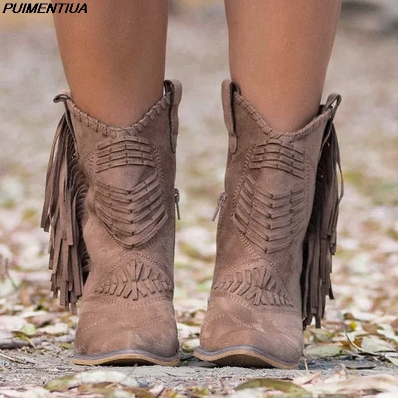 PUIMENTIUA-botas De vaquero del oeste para Mujer, botas De piel vaquera, Zapatos De tacón bajo, botas De invierno