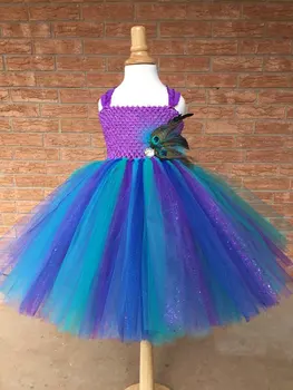 

Girls Peacock Feather Tutu Dress Kids Crochet Glitter Tulle Dress Ball Gown with Straps Children Birthday Party Costume Dresses