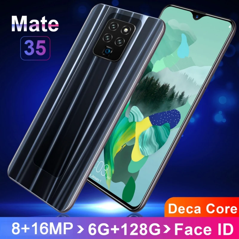 Mate35, 6,3 дюймов, 4G, смартфон, 6 ГБ ОЗУ, 128 Гб ПЗУ, экран капли воды, мобильный телефон, Распознавание отпечатков пальцев и лица, разблокировка, сотовый телефон - Цвет: Черный