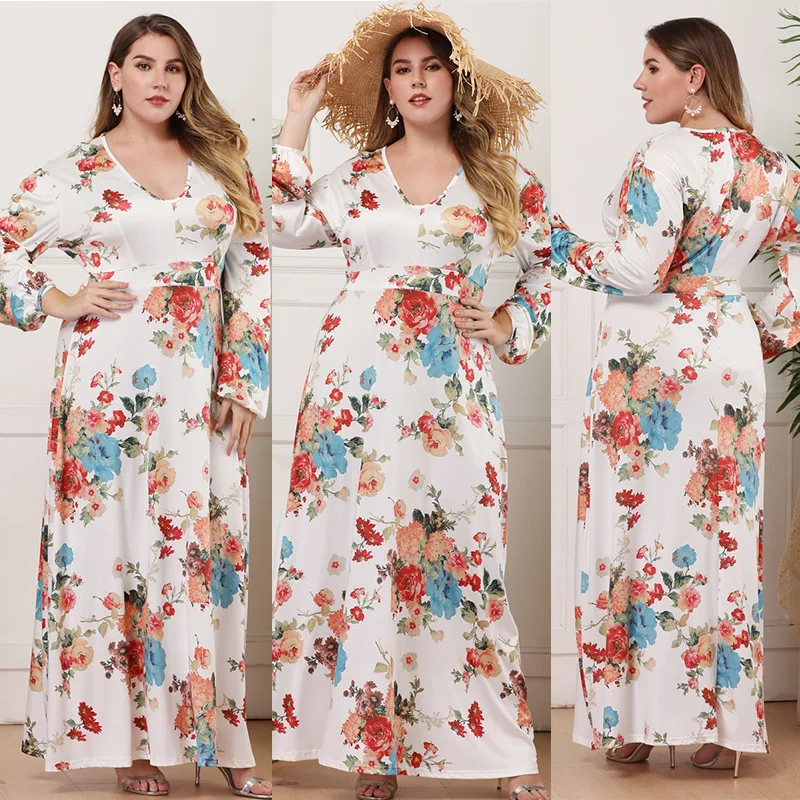 

WHZHM Bohemian Plus Size 3XL 4XL Flower Printed Dress Women Deep V-Neck Long Sleeve A-Line Floral Maxi High Waist Dresses Ladies