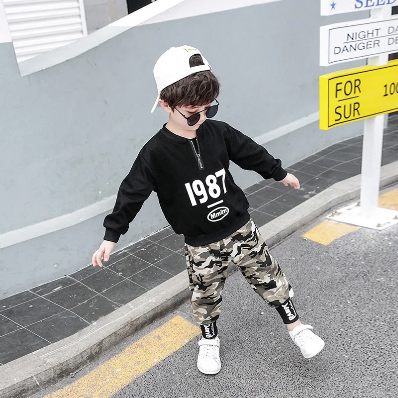 Camouflage black Комплекты одежды для мальчиков весенне-осенние модные детские хлопковые топы+ штаны, спортивный костюм из 2 предметов для маленьких мальчиков, Детские повседневные спортивные костюмы для детей 4, 5, 6 лет - Цвет: Camouflage black