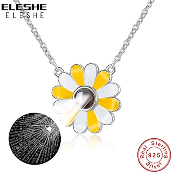 

ELESHE Romantic 100 Languages I Love You Necklace 925 Sterling Silver Daisy Sunflower Pendant Necklace for Women Wedding Jewelry