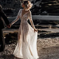 Sexy Illusion Boho Wedding Dress V-Neck Sleeves Backless Beach Sequined Bridal Gowns 2022 Robe Marriage Vestidos De Novia
