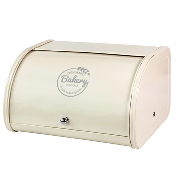 

Metal Bread Box Bin Kitchen Storage Containers Home Kitchen with Roll Top Lid Store Creamy-White