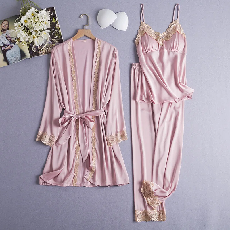 

3 шт., Атласный пижамный комплект, весна-лето