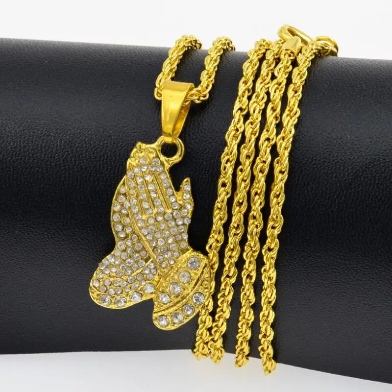 

1PCs The Praying Hands Pendants Necklaces Gold Color Crystal Alloy Hip Hop Men Chain Jewelry Brother Gifts Party Long Necklaces