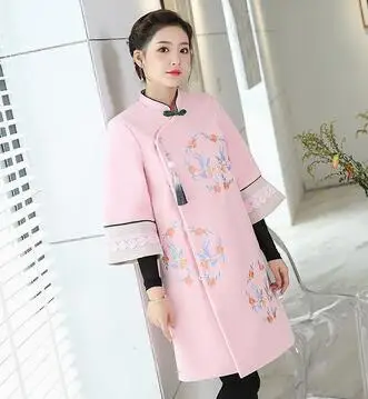 Fragrant Taste Cheongsam Chinese clothing improved Robe Winter Qipao women wool cotton overcoat Asian girls Embroidery Clothing - Цвет: Pink Pattern 1