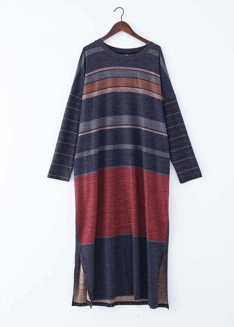 New Autumn Maxi Dresses for Women Casual Loose Long Sleeve Dress Women Knitting Striped Rabbit Hair Printed Robe Winter Vestidos