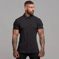 Summer Fashion Man Short Sleeve Shirt Solid Fitness Mens Turn-down Collar Super Slim Fit Business Dress Shirt Button Gym Tops