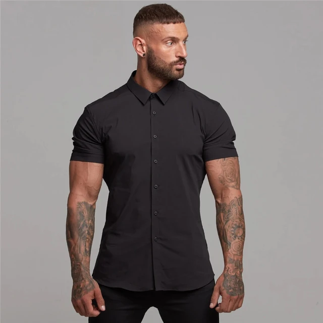 Summer Fashion Man Short Sleeve Shirt Solid Fitness Mens Turn-down Collar Super Slim Fit Business Dress Shirt Button Gym Tops 1
