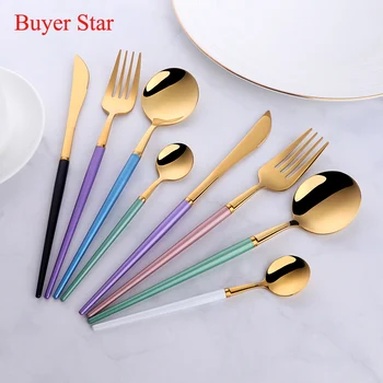 

24pcs western stylish Flatware Stainless Steel Cutlery set Plastic Handle Restaurant Dinnerware steak Knife food Fork spoon set