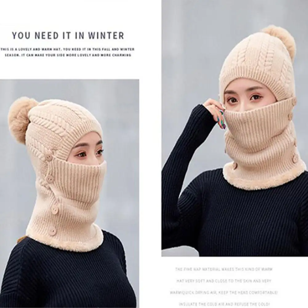 MISSKY Lady Warm One-piece Women Hat-Mask-Scarf Winter Thicken Knitting Wool Ball Riding Outdoor Beanies For Female