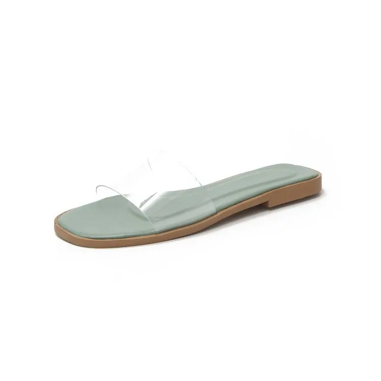 

2019 Summer Women's Slippers Slip-On Solid Platform Square Toe Casual Fashion Low Heels Flat PU Transparent Beach 35-39