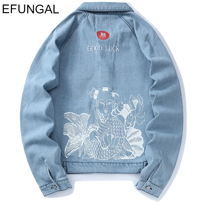 

EFUNGAL GOOD LUCK Embroidery Joyful Print Casual Jeans Men Windbreaker Denim Jackets Turn-down Collar Jean Man Hip Hop Overcoats