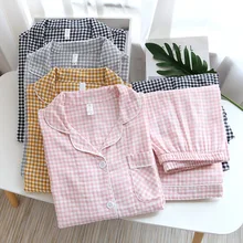 

Japanese New Couple Pajamas, Long-sleeved Trousers, Two-piece 100% Cotton Gauze Simple Plaid Home Service Suit for Men and Women