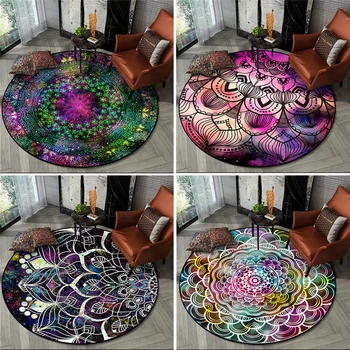 

Round Carpet Retro Colorful Mandala Flowers Lotus Floor Mat Soft Carpets For Living Room Anti-slip Rug Bedroom Decor Carpet