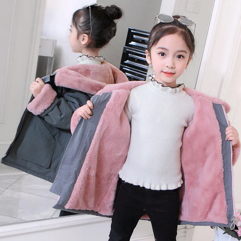 

Winter Girls Thicken Jacket Children Drawstring Waist Outerwaer Kids Plus Velvet Thick Warm Faux Fur Parkas Outwear Girl Costume