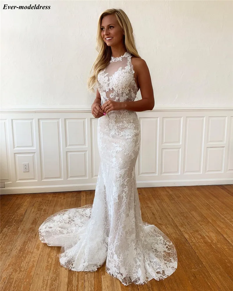 

2020 Mermaid Wedding Dresses Lace Appliques Half Neck Backless Bridal Gowns Bride Dress Vestido de Noiva Robe De Mariee