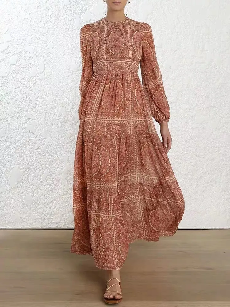 

Nice Summer Women Elegant Vintage Printed Holiday Dress Long Sleeve Long Dress Boho O-Neck Beach Dress