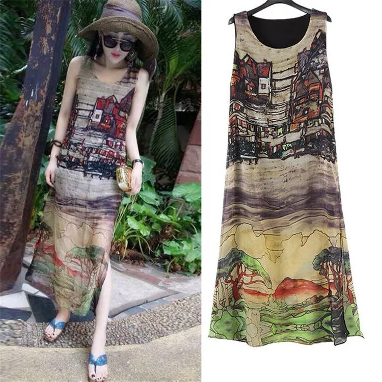 

2018 Summer New Style Real Silk Chiffon Dress Retro House Pattern Sleeveless Slit Beach Long Skirts Women's