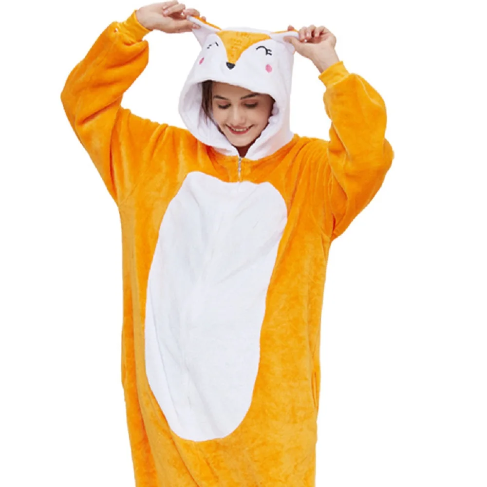 

Flannel Winter One-piece Adult Sleepwear Animal Fox Onesies Pajamas Hooded Pockets Pajama Onesie Women Christmas Cosplay Costume