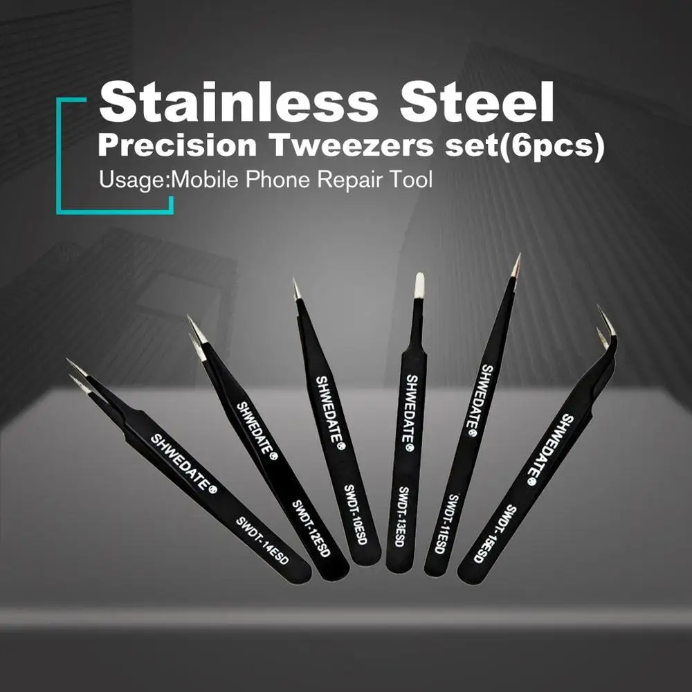 

6PCS Stainless Steel Curved Straight Anti-Static Precision SWD Tweezers For iPhone iPad Mobile Phone Repair Tool