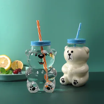 

550ml Cute Cartoon Bear Sippy Cup Creative Heat Resistant Glass Water Bottle With Straw Juice Milk Kids Clear Drinking MJ1008