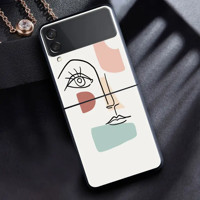 For Samsung Galaxy Z Flip 3 5G Case Luxury Matte Black Hard Phone Cover ZFlip 3 Shockproof Fundas Shell Abstract Women Face Line B09