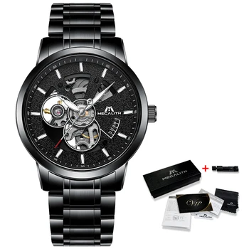 

MEGALITH Luxury Skeleton Watches For Men Waterproof Black Stainless Steel Automatic Mechanical Watch Male Clock Reloj Hombre