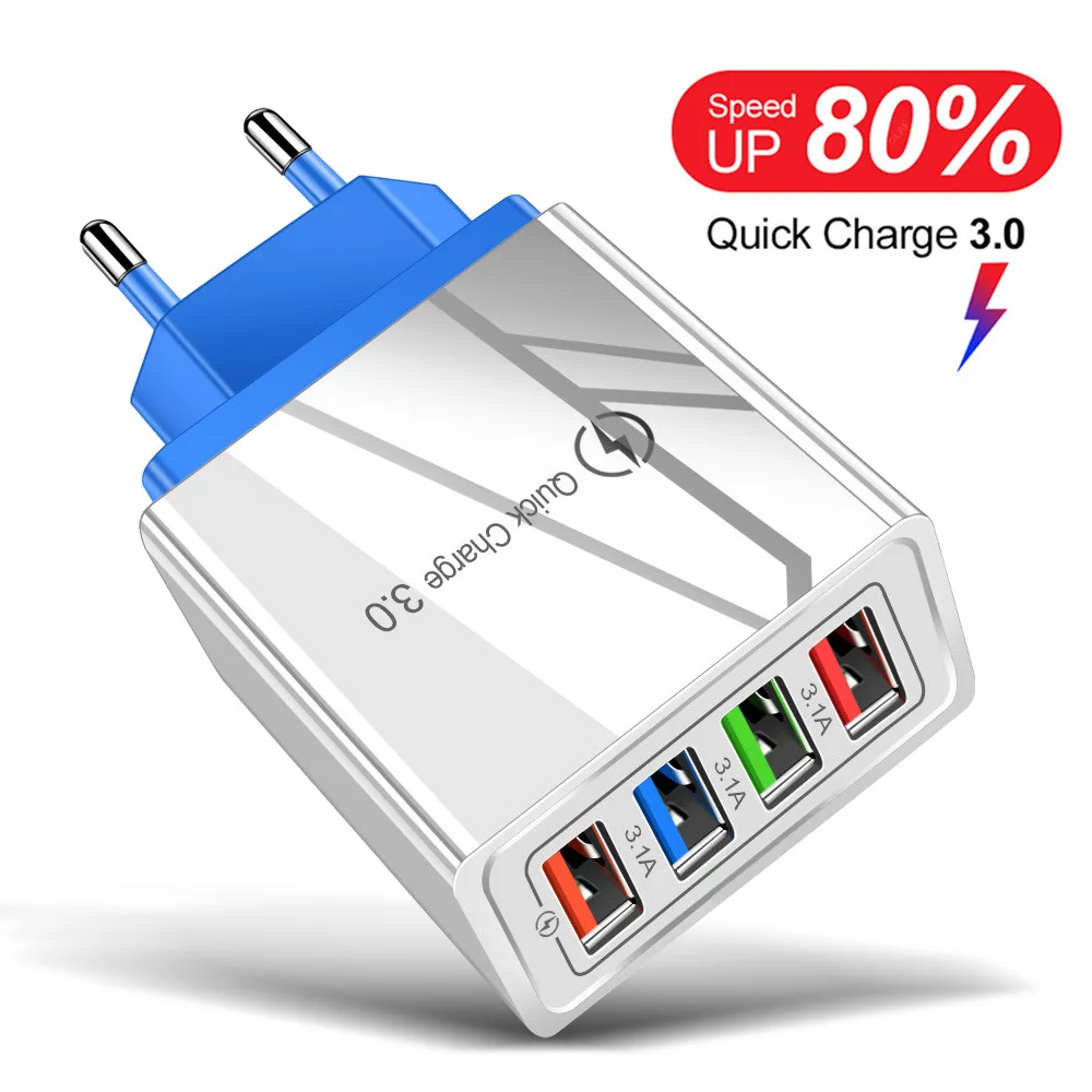 4 USB Charger Quick Charge 3.0 For Phone Adapter for iPhone XR Huawei Tablet Portable EU Plug Wall Mobile Charger Fast Charging carcharger Car Chargers