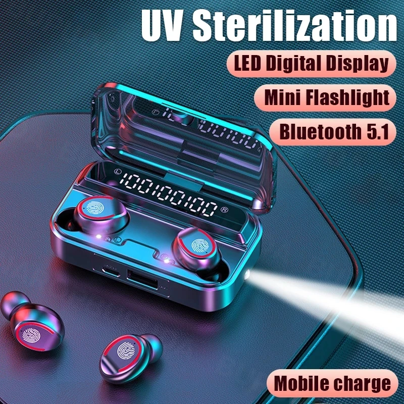 Bluetooth 5.1 Wireless Headphones with microphone Waterproof Sport TWS Earphones Touch Control Music Earbuds Mini Flashlight | Электроника