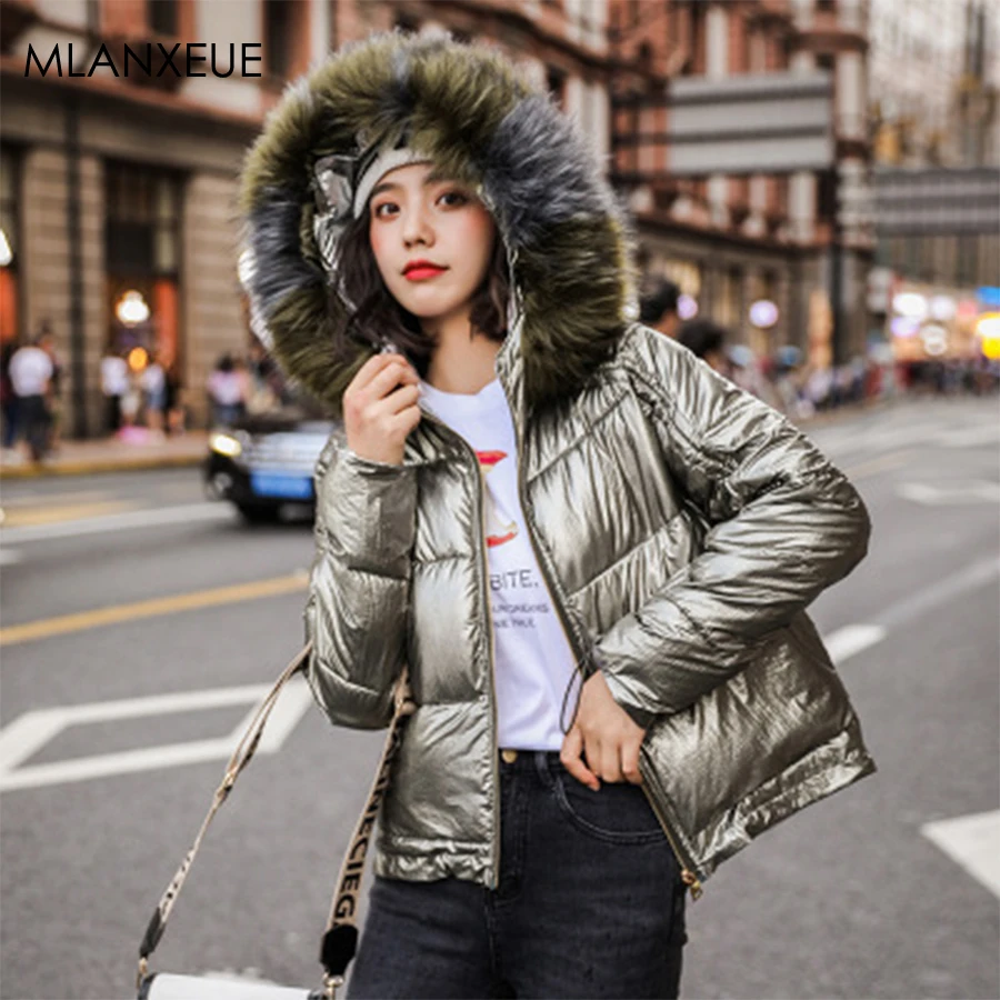 

Vogue Reflective Fur Hooded Women Parkas Winter Korean Short Jacket Plus Size Casual Cotton Coat Retro Warm Female Parka Outwear