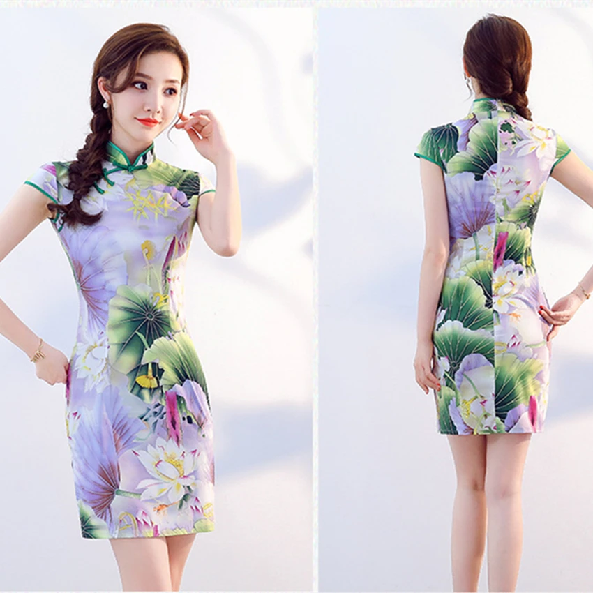 4Color Chinese Traditional Dress for Women Short Qipao Peony Lotus Chinese Style Cheongsam Party Wedding Floral Retro Dress