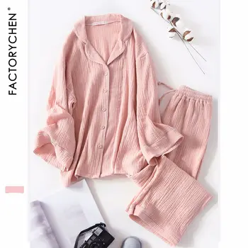 

New Spring&autumn Loose Lazy Soft Fold Cotton Lapel Suit Women Long Sleeve Sexy Pajamas Set Female Night Gown Home Sleepwear Set