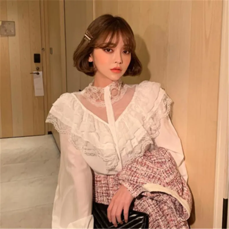

2020 Women's Blouse Shirt Korean Chic Sweet Sexy V-neck Ruffled Patchwork Lace Blusas Casual Lady Pullovers Tops for Fall