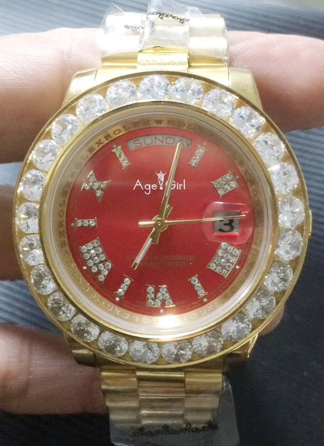 

Luxury Brand New Men Daydate Gold Big Diamond Rome Red Black Automatic Mechanical Stainless Steel Sapphire Day-date Watch 44mm