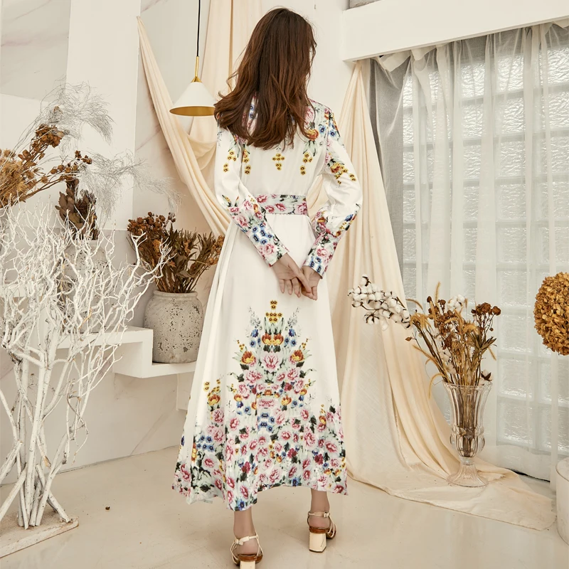 Video video posed long skirt autumn new palace aristocratic temperament lantern sleeve with waist print dress