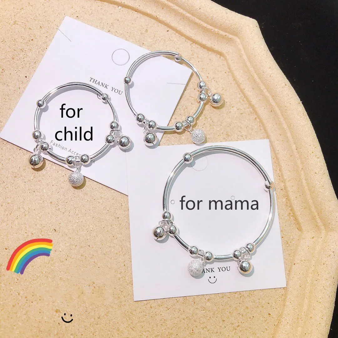 

Whole 100% Real 999 Sterling Silver Bangles with Bell for Child and Mama Same Paragraph Exquisite Jewelry Adjustable Can Pushed