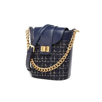 

2020 Women New Fashion Designer PU Unique Tweed Thick Chain Handle Retro Bucket Bag Shoulder Bag Crossbody Office Daily