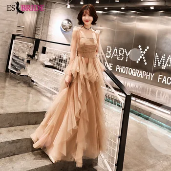 

Luxury Champagne Evening Dresses Long Sexy Sleeveless Evening Dress Arabic 2019 Student Party Formal Dress Women Elegant ES2421