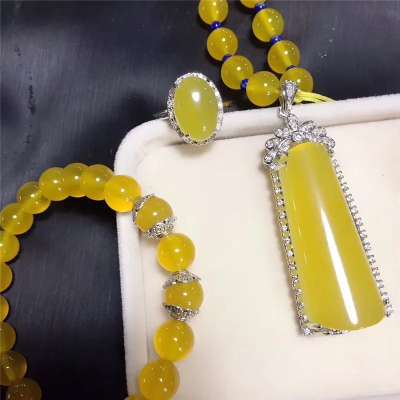 LETSFUN Fine Jewelry 925 Серебро инкрустированные натуральный желтый халцедон кулон ожерелье кольцо браслет набор подарки