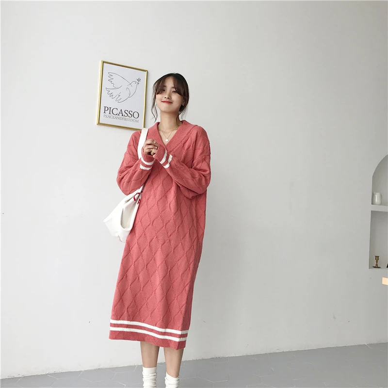 

Autumn Winter Long Sweater Knitted Dress 2019 Korean Style Sexy V Neck Loose Jurken Full Sleeve Elegant Casual Knitwear Vestidos