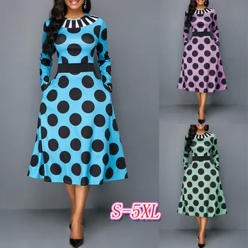 

BGW Vintage Polka Dot Elegant Round Neck Full Sleeve Women Cocktail Dress Party A Line Women Dress With Pockets Robe De Soiree