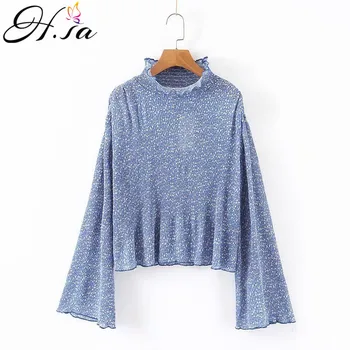 

H.SA European Fashion 2019 Women Fall Fashion Turtleneck Blue See Through Sweater Jumpers Flare Sleeve Pullovers Knit mper